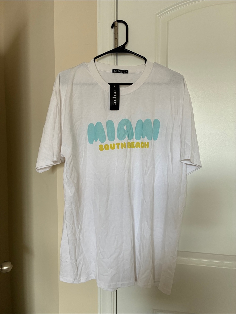 Boohoo White Miami South Beach Graphic Tee with Aqua and Yellow Print